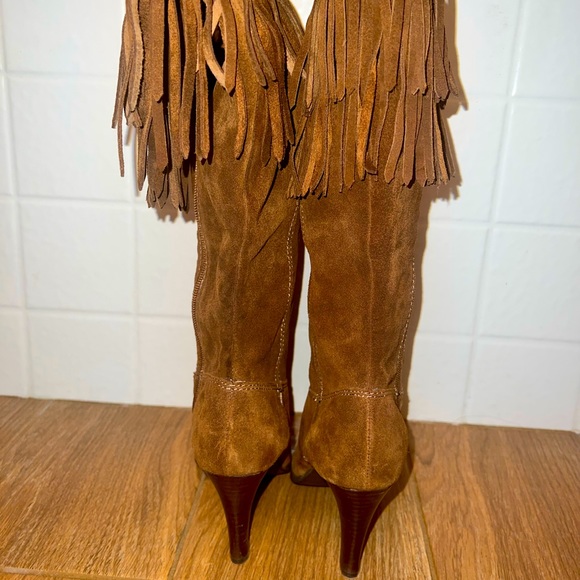 Suede Tan Brown Heel Fringe Boots Boho Western Kitten Heel tall leather - Picture 4 of 12